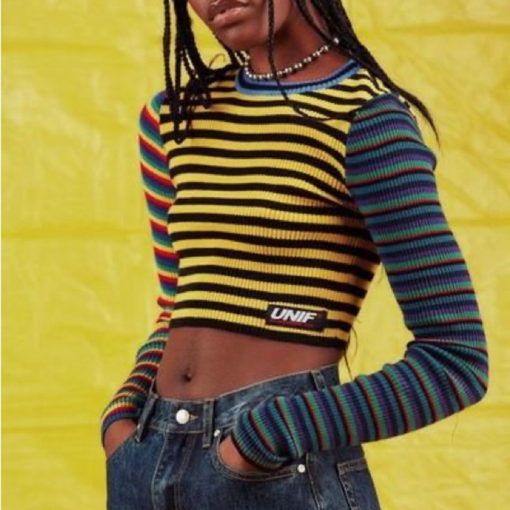 UNIF Yellow Striped Ribbed Crop Top with Multicolor Sleeves